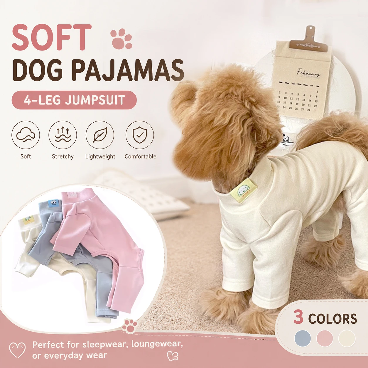 Soft Dog Pajamas 4-Leg Jumpsuit, Solid Color Puppy Bodysuit Lightweight Stretchy Pet Clothes for Small Medium Dogs Cats