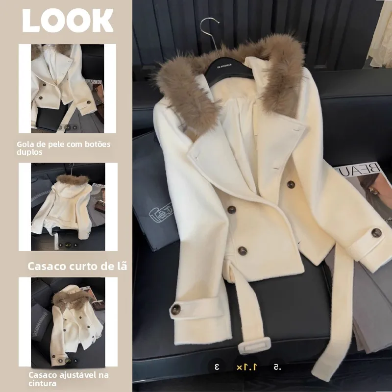 

Autumn Winter Women's Woolen Coat Hat with Fur Collar Double Row Buttoned Polyester Fiber Jacket No Tag Needed