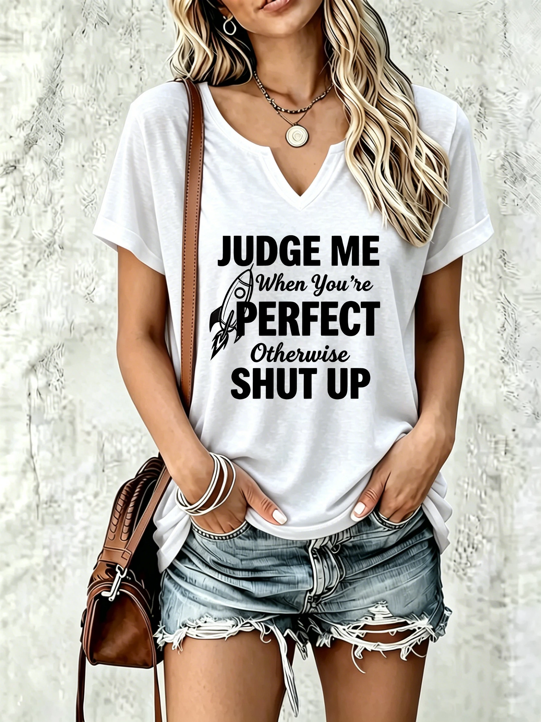 Damen-T-Shirt mit V-Ausschnitt und kurzen Ärmeln, „Judge Me When You're Perfect“-Slogan-Rocket-Grafik-T-Shirt, Freizeitkleidung, Sommeroberteile für Damen – Detail 6