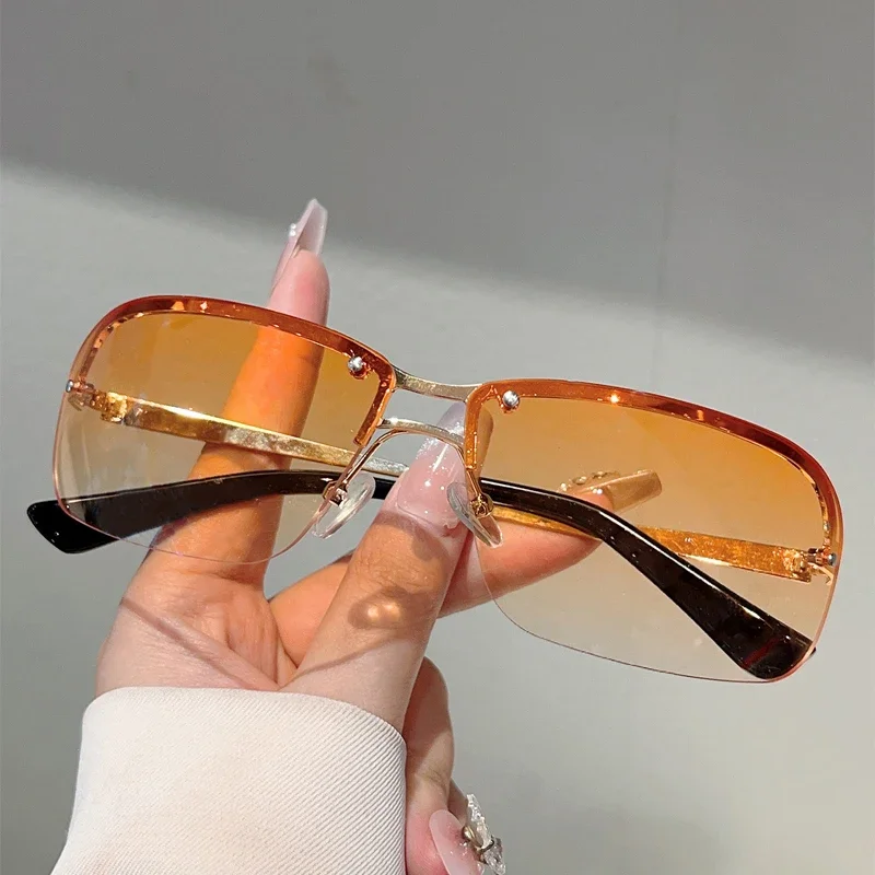 Gm lumias y2k óculos de sol sem aro novo chique gradiente casual tons feminino na moda ponte dupla design da marca decorativo óculos de sol