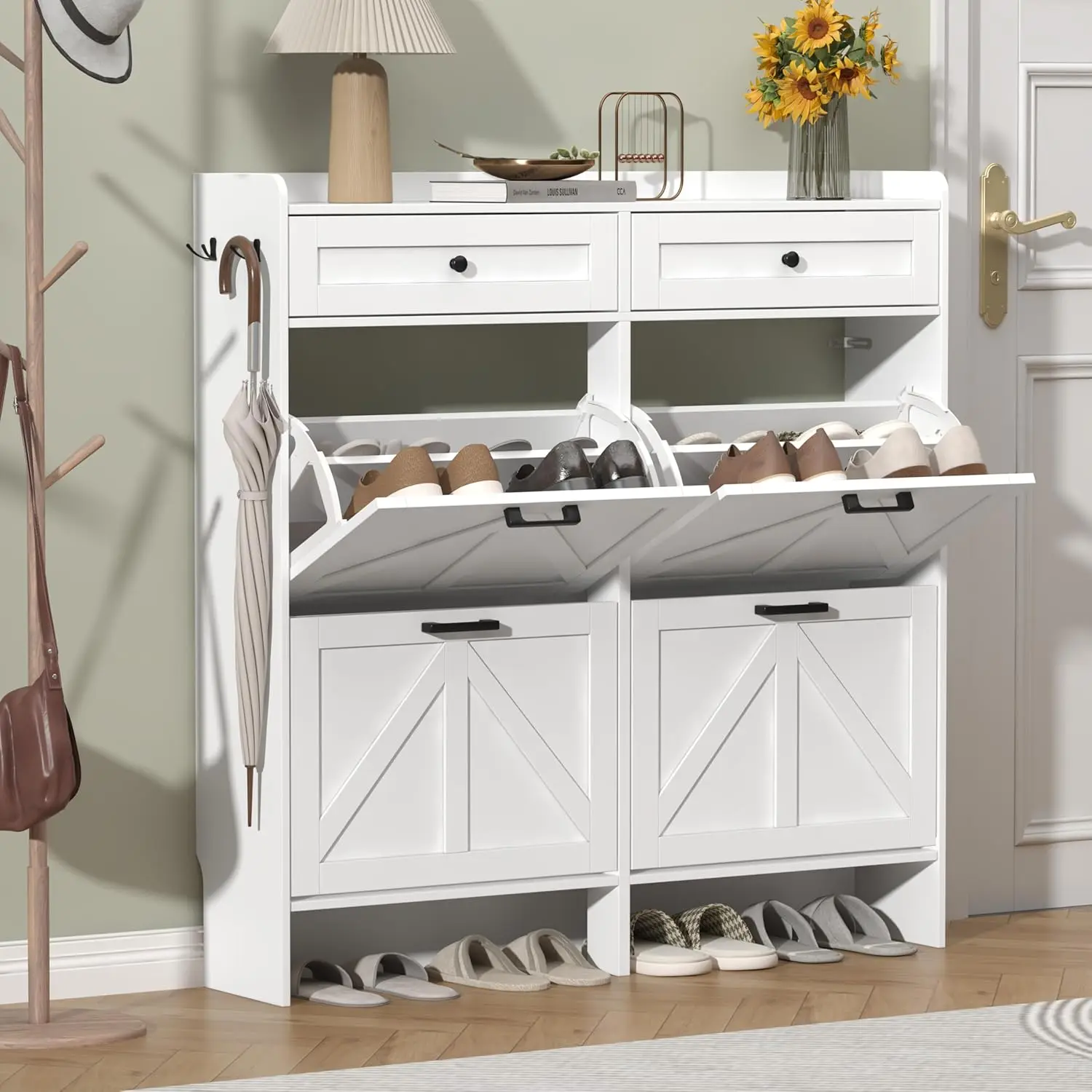 

Shoe Cabinet with 4 Flip Drawers & 2 Storage Drawers, Rustic Farmhouse Narrow Shoe Organizer Cabinet, Slim Shoe Rack Cab