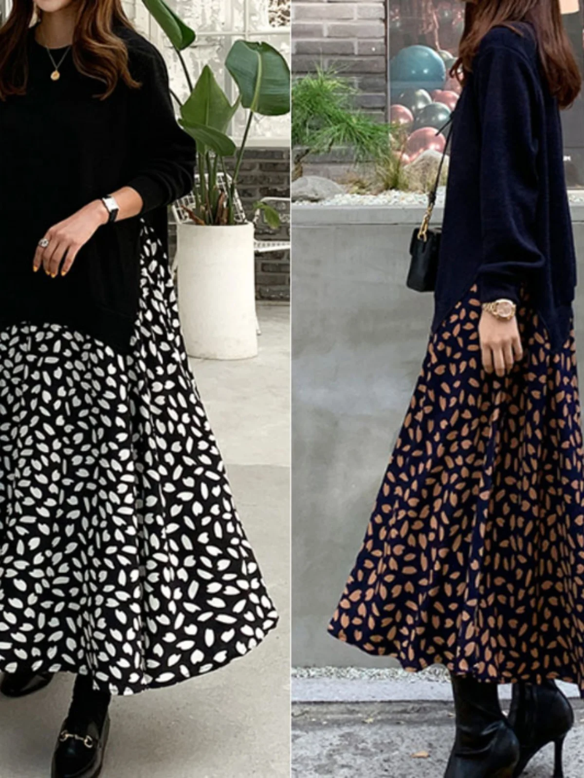 Spring Autumn plus Size Women's Long Sleeve T-Shirt Patchwork Print Maxi Dress Loose Slimming Fake Two-Piece Long Dress