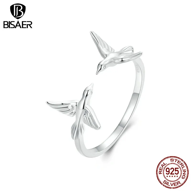 BISAER 925 Sterling Silver Pair Kingfishers Open Ring Size 5-9 Bird Band Plated White Gold for Women Party Fine Jewelry Gift