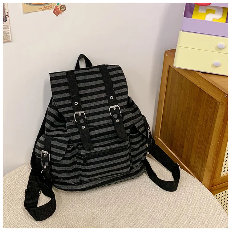 High Quality Korean Style Retro  Backpacks Drawstring Design Flat Stripe Bookbags Large Capacity Soft Tote Bags Unisex