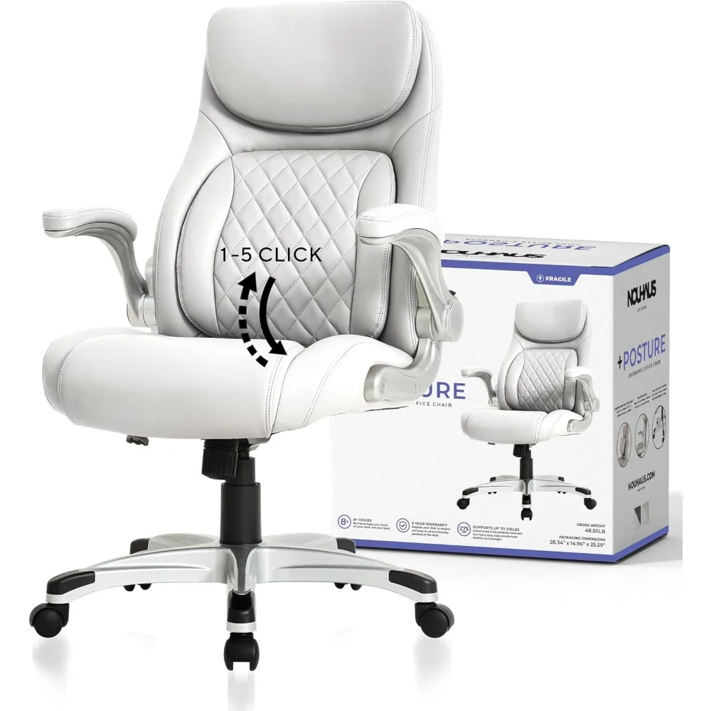 

Posture Ergonomic PU Leather Office Chair. Click5 Lumbar Support with FlipAdjust Armrests. Modern Executive Chair (White)