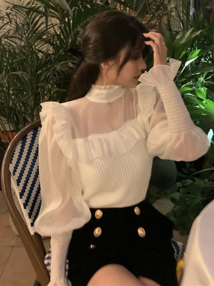 Women Blouse Elegant Chic Sweet Design Ruffles Leisure Solid Spring Tender Lantern Sleeve French Style Ladies All-match Simple