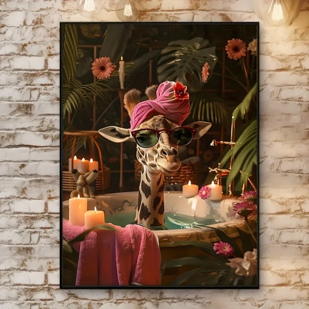 Frameless Giraffe Bath Canvas Wall Art 12x16 Inch Cartoon Animal Pink Scarf Tropical Flowers Kids Room Bathroom Decor