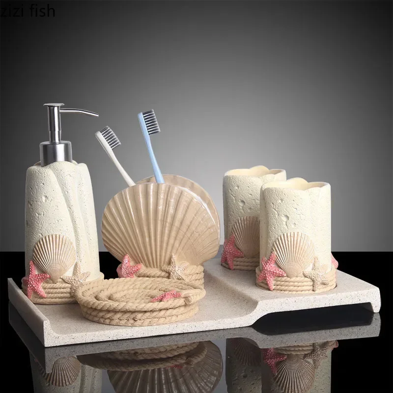 Summer Style Resin Bathroom Accessories 5 Pcs/set Portable Soap Dispenser Beach Shells Lotion Bottle Toothbrush Holder Soap Dish