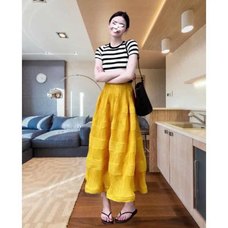 Miyake 2025 Summer Japanese Ins Yellow High-waisted Loose Skirt Fashionable and Thin Medium and Long Pleated A-shaped Skirt