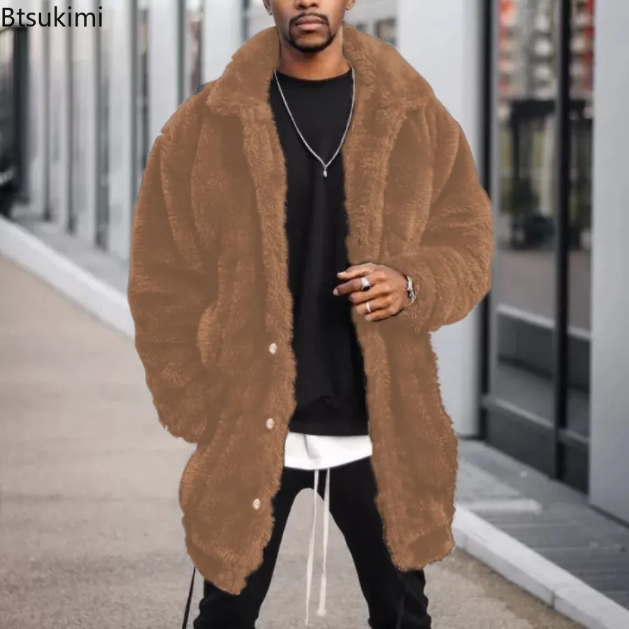 New2024 Men's  Winter Clothes Warm Mid-length Jacket Casual Streetwear Solid Loose Lapel Long Sleeve Premium Plush Coats for Men