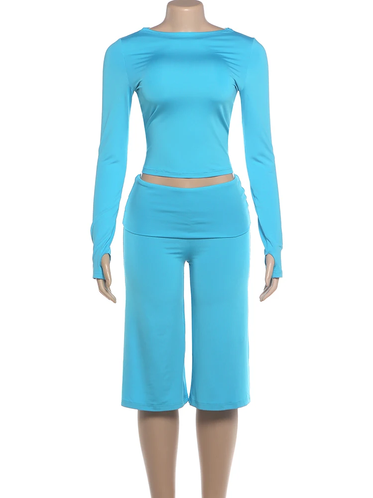 Weird Puss Freizeit- und Komfort-2-Teiler-Set für Damen, Herbst-Trend, O-Ausschnitt, langärmeliges Crop-Top + Shorts mit elastischem Bund, schlichter Alltagsanzug – Detail 3