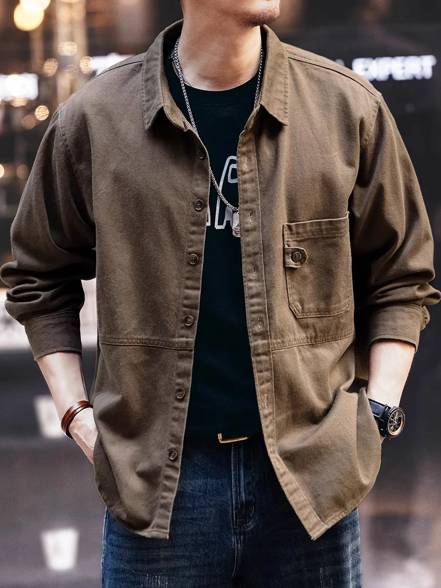 

Мужская осенняя новинка: свободная рубашка с длинным рукавом в американском рабочем стиле, повседневная верхняя одежда с оригинальным дизайном, дышащая, из чесаного хлопка
