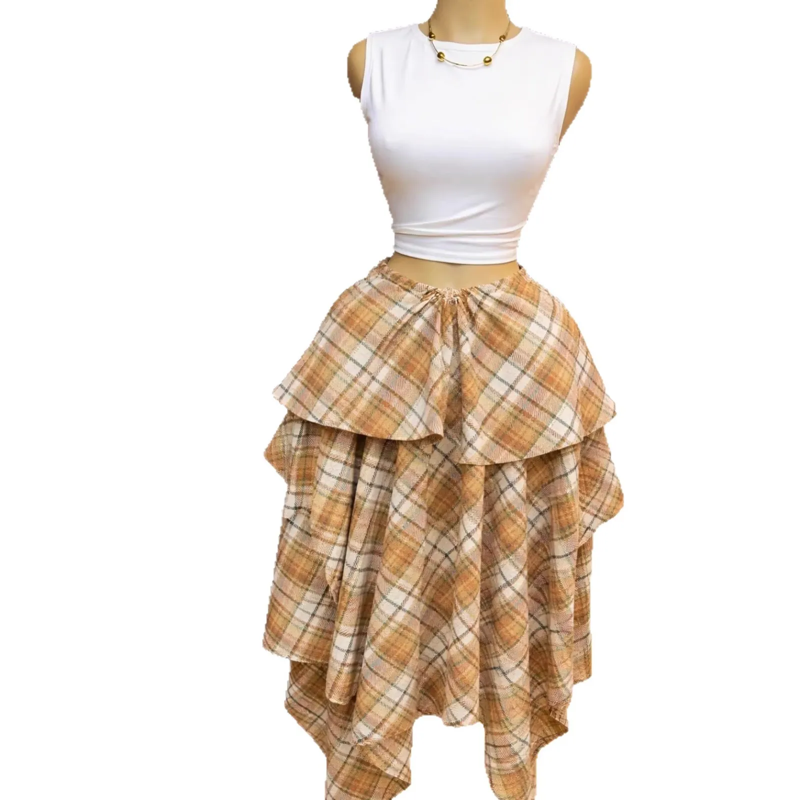 Women's High-Waisted Tied Plaid Asymmetrical Midi Skirt Mid-Length A-Line Summer New Arrival 2026