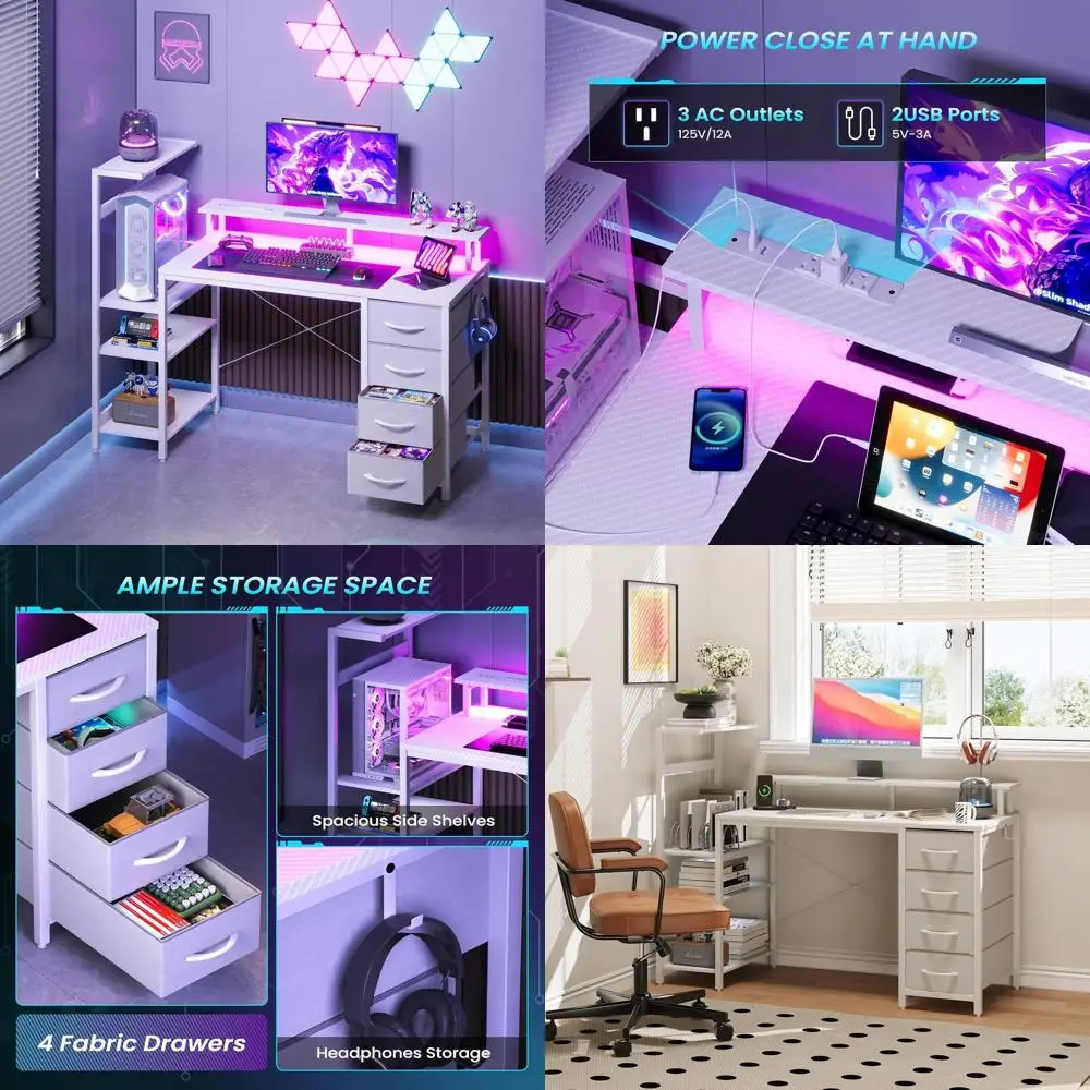 Carbon Fiber White 51 Gaming Desk with 4 Drawers, LED Lights, and Power Outlet for Compact Spaces