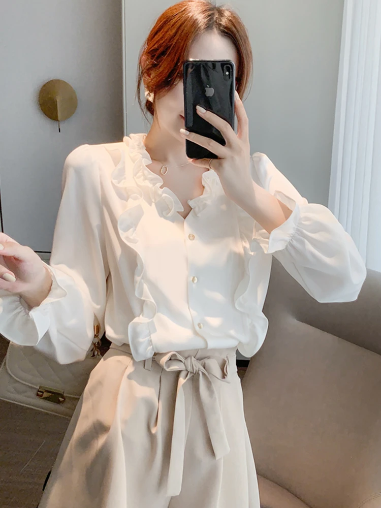 2023 Herbst Französisch Vintage Satin Shirt Langarm Drop weiß Chiffon Shirt