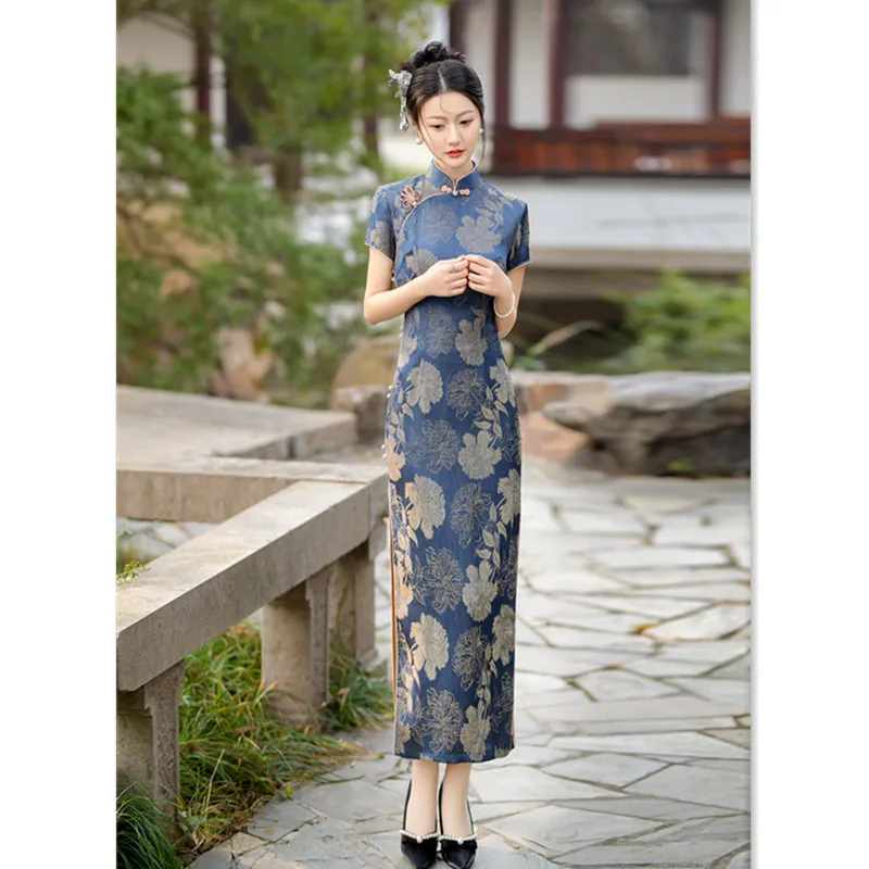 Retro สไตล์ชาติพันธุ์แขนสั้น Robe Qi Pao แบบดั้งเดิมวัยกลางคนผู้สูงอายุ Lady อารมณ์ Cheongsam