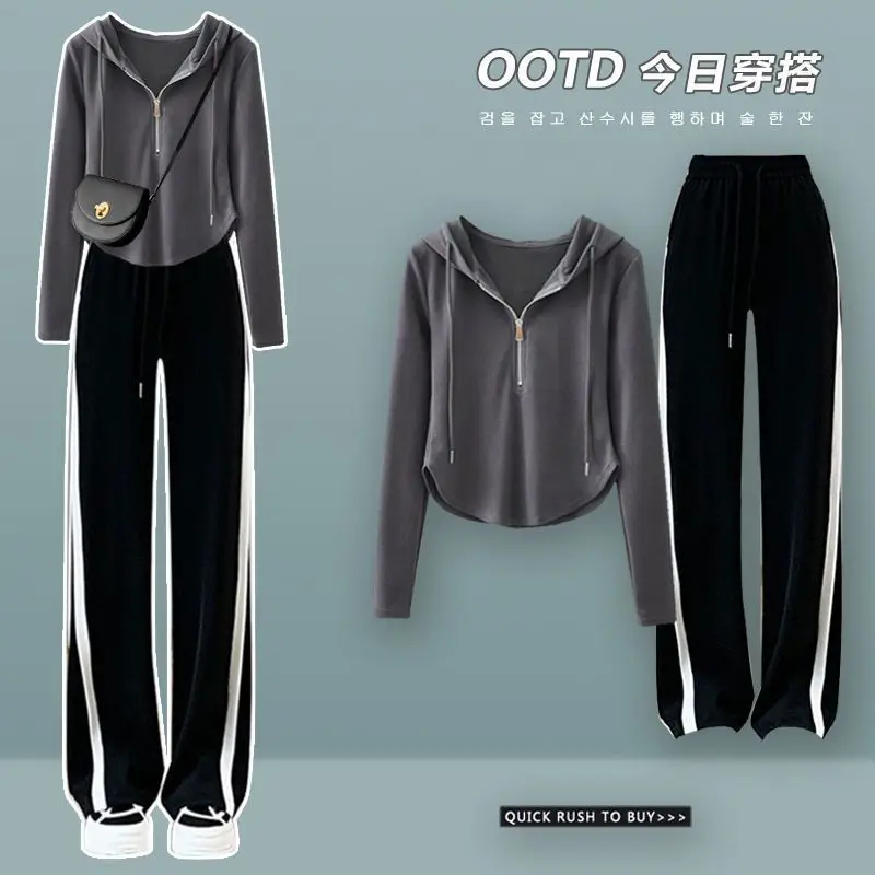 Fall Two-piece Set Female New Chic Casual Sports Thin Section Zipper Sweater + Casual Wide-legged Pants Two-piece Tide