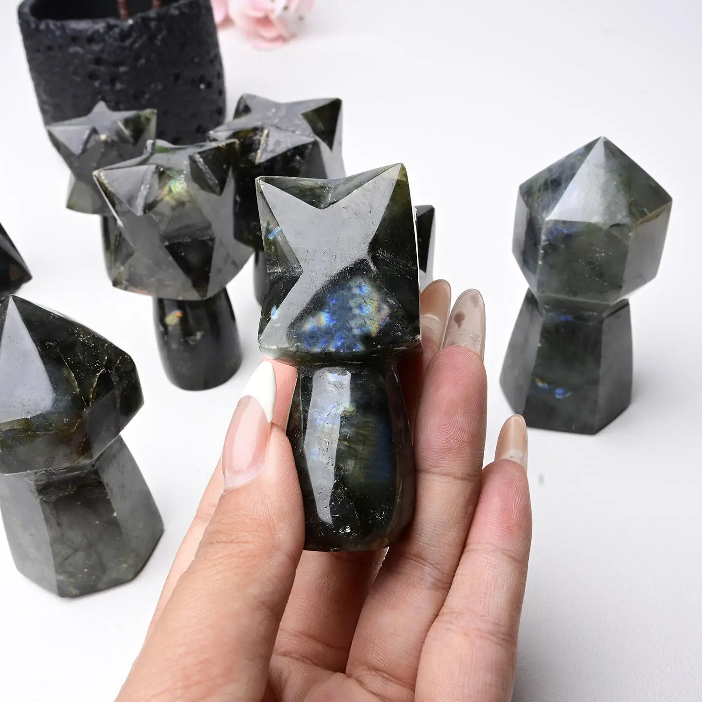Natural Labradorite Quartz Merkaba Star Tower Crystal 5-Pointed Pyramid with Merkaba Field for Meditation Mineral Specimen Gift