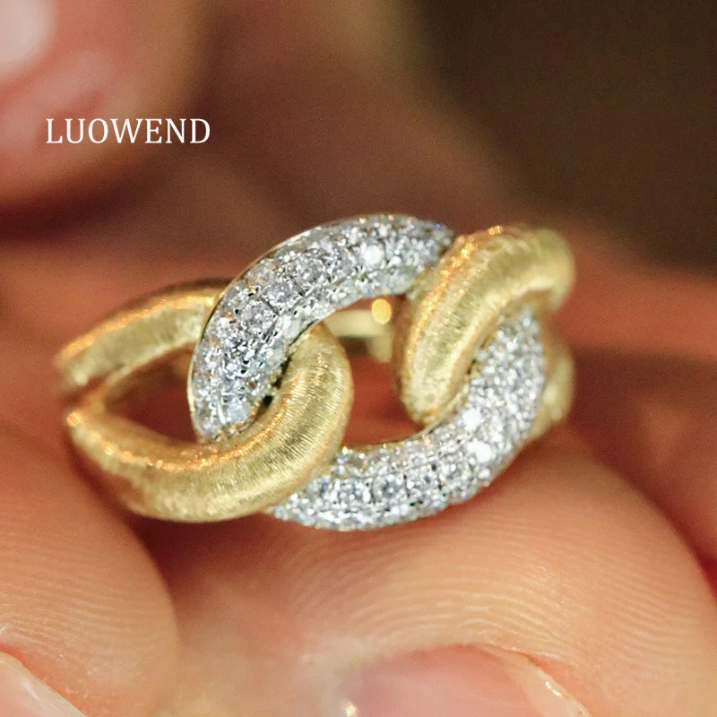 LUOWEND 100% 18K Yellow Gold Rings Luxury Fashion Design Real Natural Diamond Engagement Ring for Women High Party Jewelry