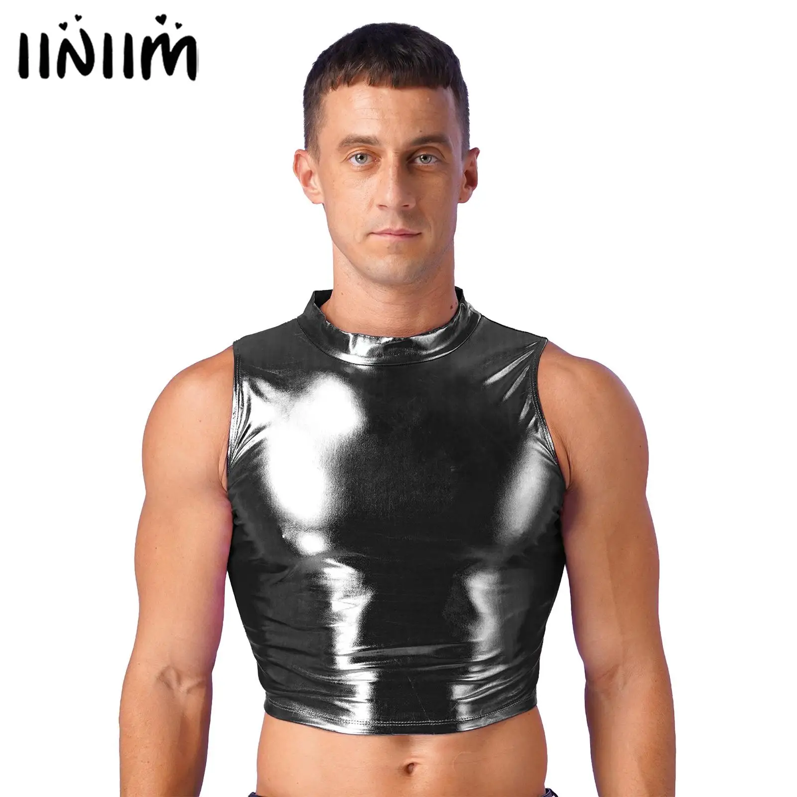 Mens Faux Leather Vest Tops Bodybuilding Tank Metallic Mock Neck Crop Top Body Shaper Wear Gothic Punk Rave Party Clubwear