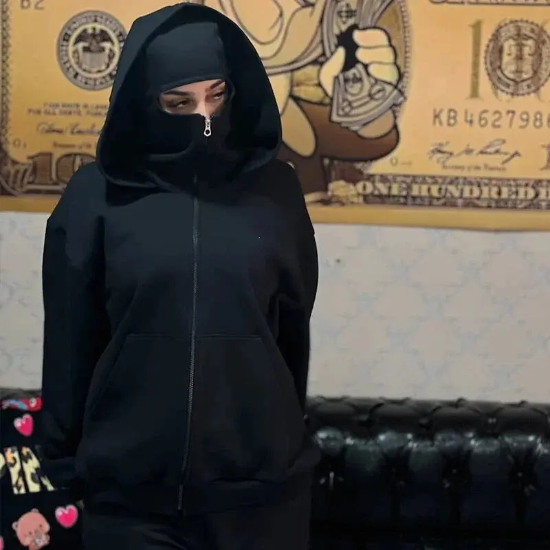 Männer und Frauen Y2K Gothic Harajuku Winter neuer Artikel Doppelkapuzenpullover Herren Kapuzenmaske Reißverschluss Sportbekleidung – Detail 6