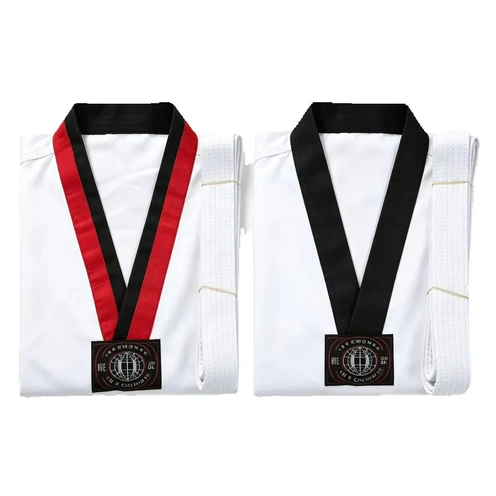 Red Black V-Neck Kids Taekwondo Uniform White Dobok Children Martial Arts Training Suit with Matching White Belt