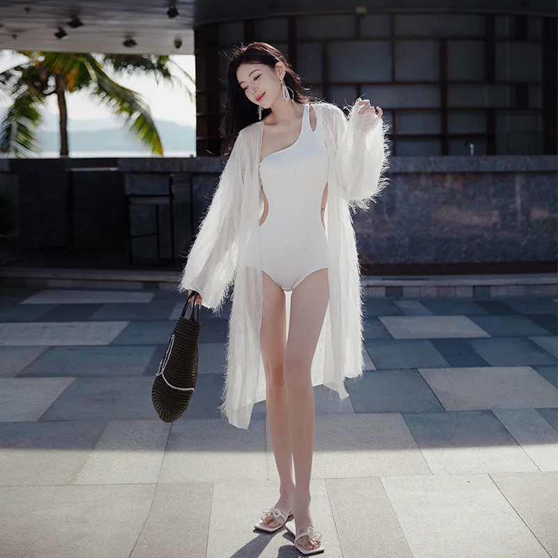 W​omen on piece swimwear white solid with cover up sexy bodysuit bandeau beach swimming wear bathing suit