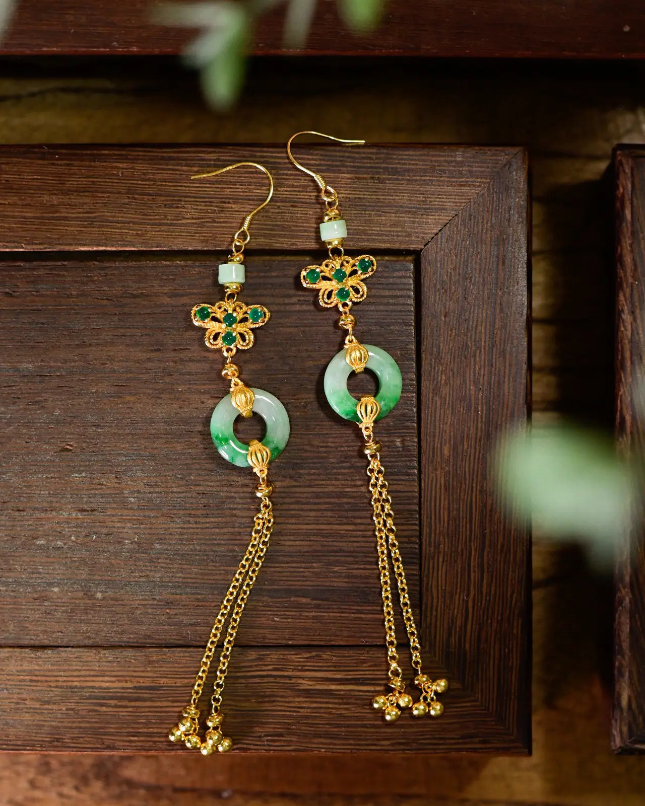 Natural Jadeite Ping An Buckle Dangle Earrings, 925 Silver Gilded, Chinese Style Tassel Earrings, Butterfly Ornament