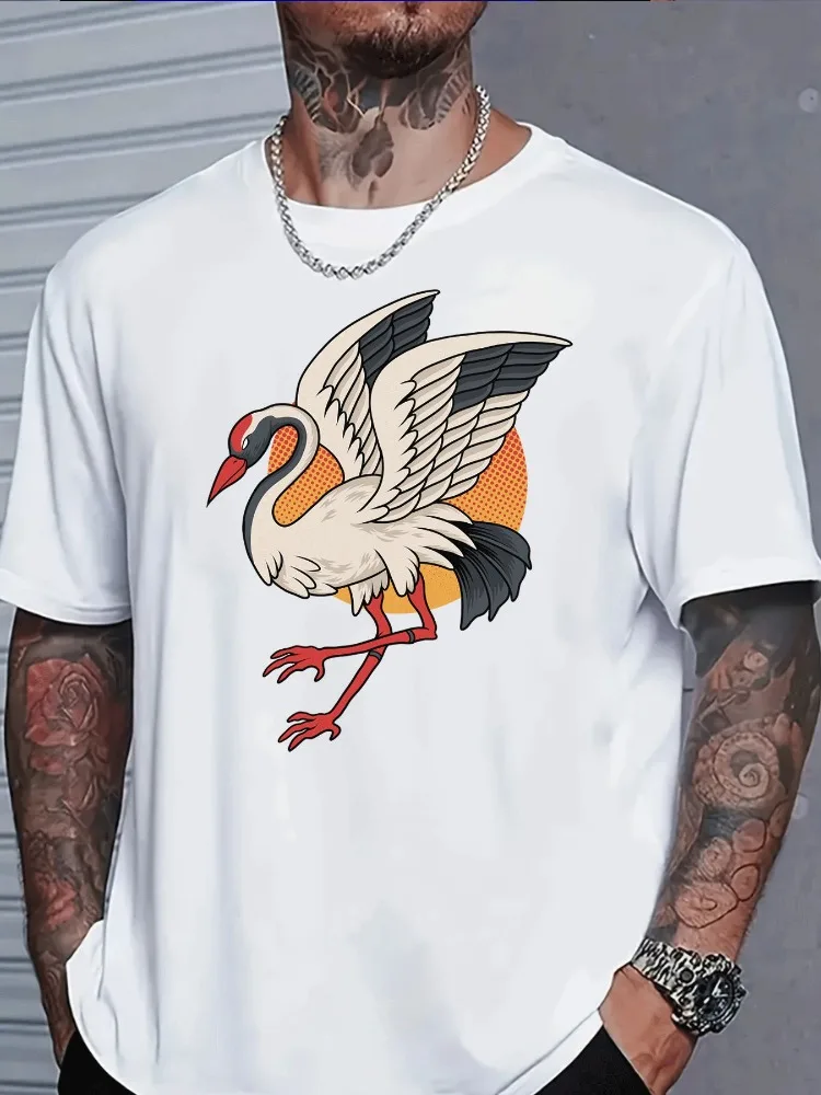 Asian Style Red Crowned Crane Print Mens Short Sleeve Crew Neck Cotton Tee Loose Fit Lightweight Summer Daily Street Wear Top