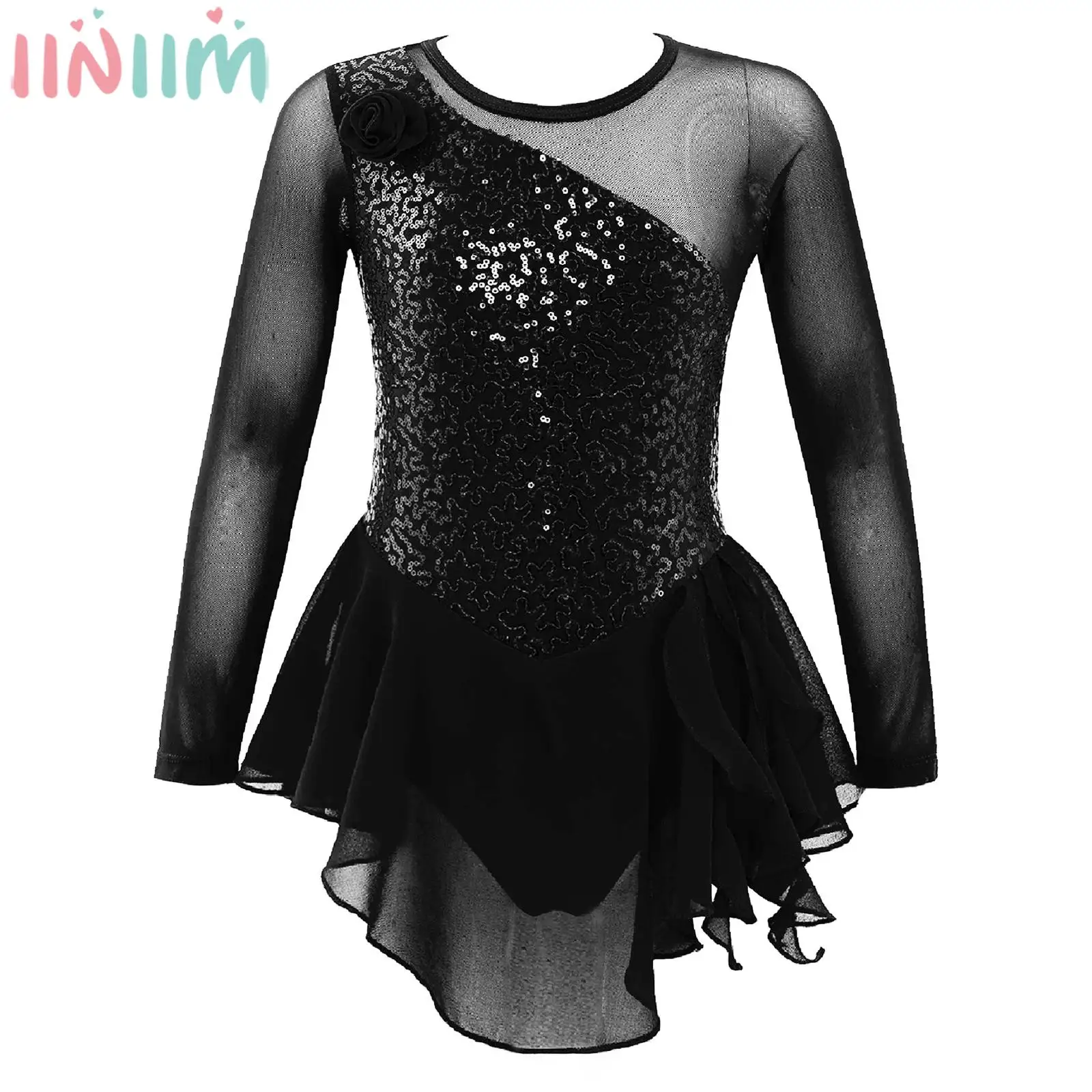 

Kids Girls Figure Skating Dress Ballet Gymnastics Lyrical Dance Leotard Tutu Long Sleeve Sequin Sheer Mesh Performance Dancewear