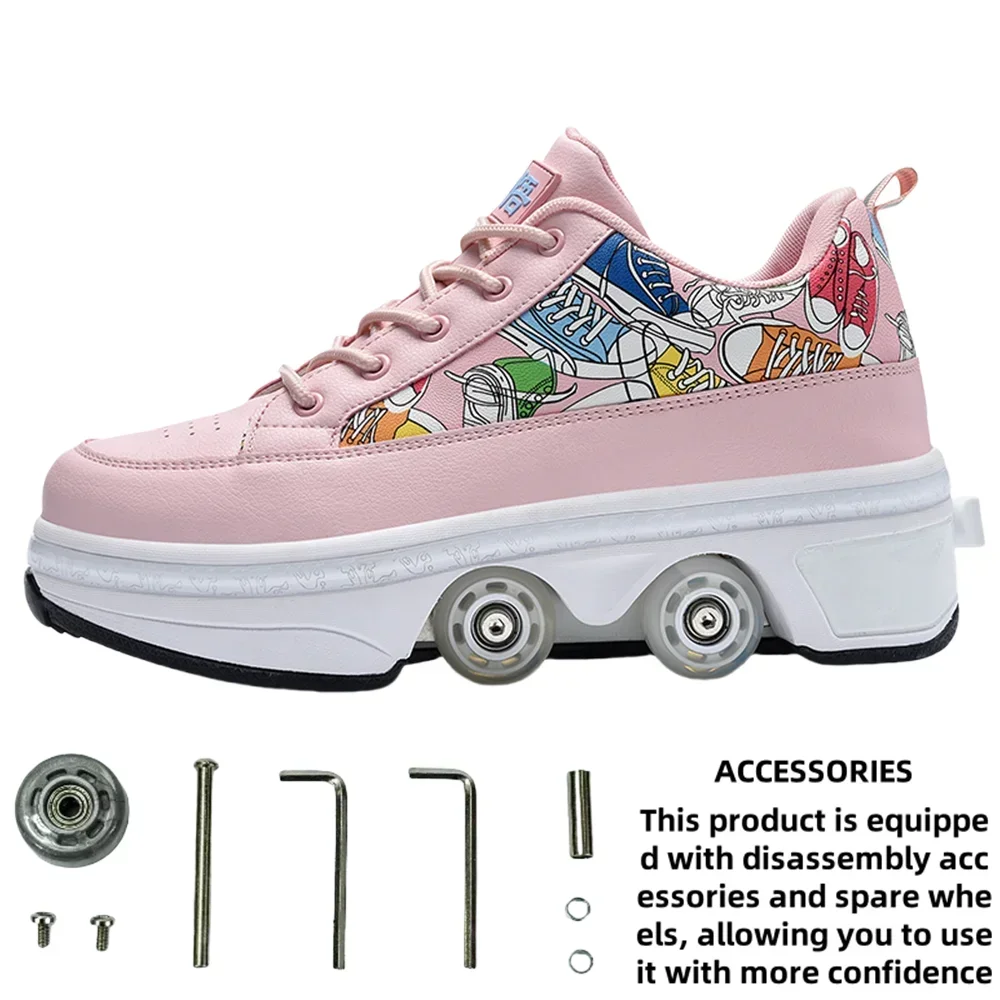 Fashion Outdoor Roller Shoes For Women Adult 4 Wheels Deformation With Wheels Shoes For Unisex Children Girls Casual Sneakers