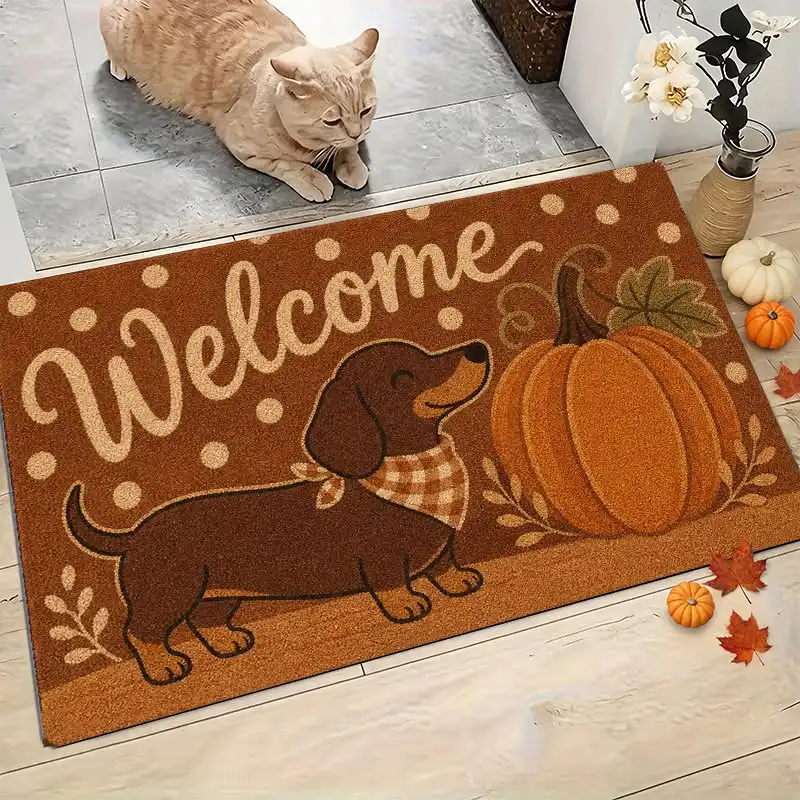 Welcome Doormat Autumn Dachshund Dog Printed Rug Rectangle Semicircle Entrance Carpet Pumpkin Fall Thanksgiving Mat