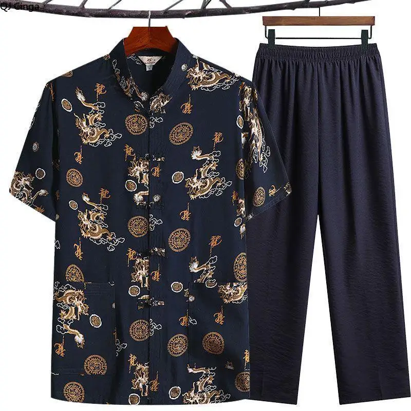 2026 Chinese-style Men's Two-piece Set, Single-breasted Stand-up Collar Short-sleeved Printed Shirt Paired with Drawstring Pants