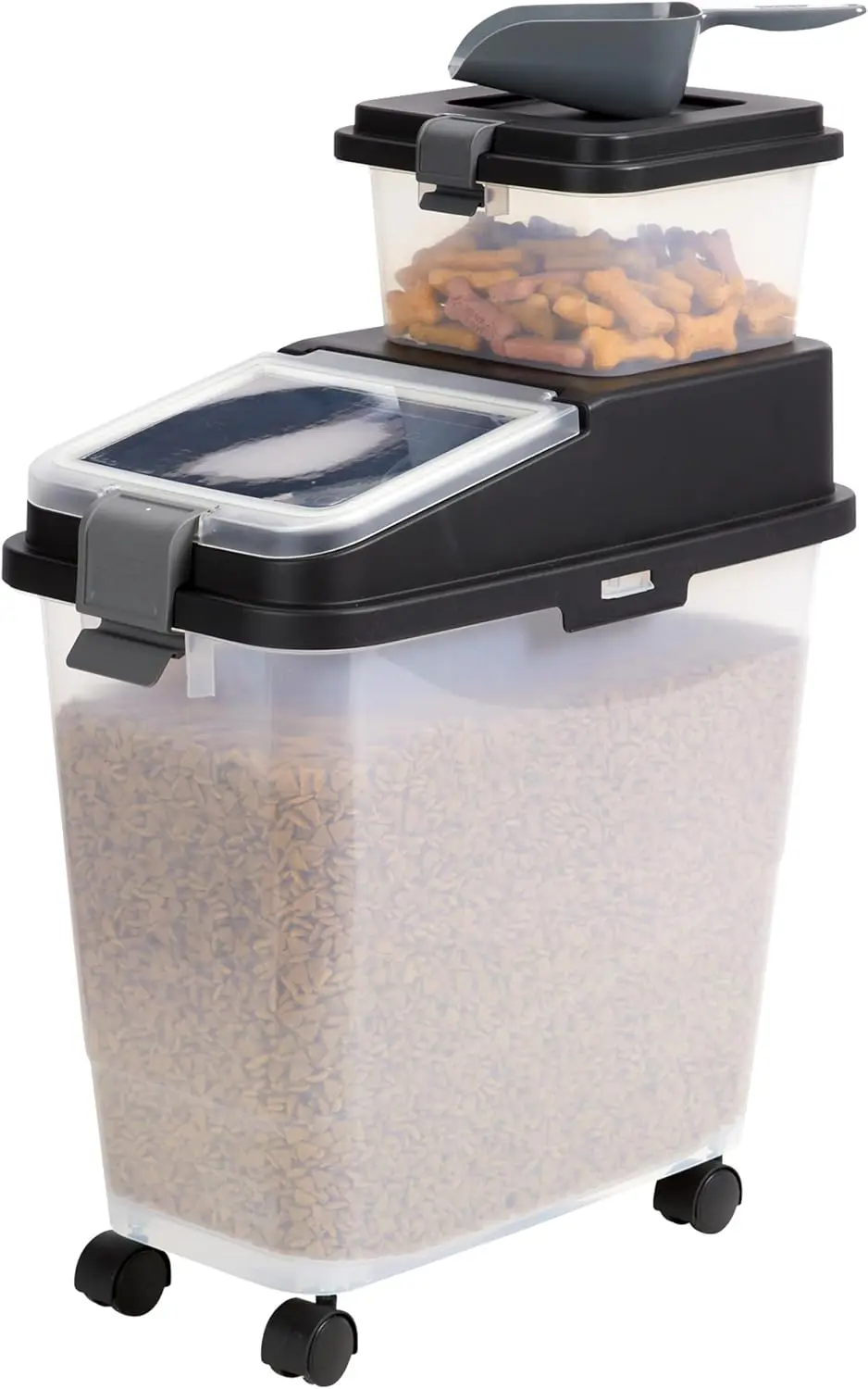 

3-Piece Airtight Pet Food Storage Container with Wheels, Holds 36 lbs, Includes Treat Bin and Scoop - BPA Free