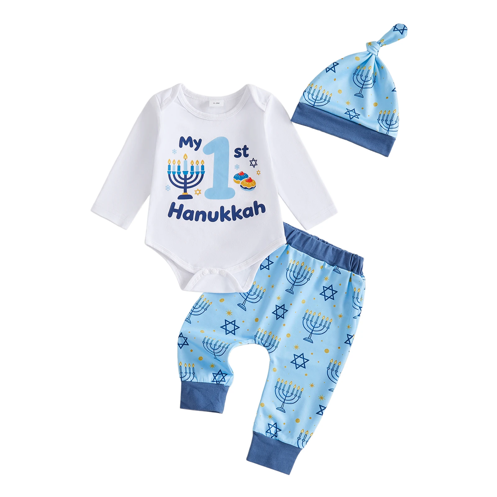 Baby Boys First Hanukkah Outfits Dreidel Menorah Print Romper Pants Hat