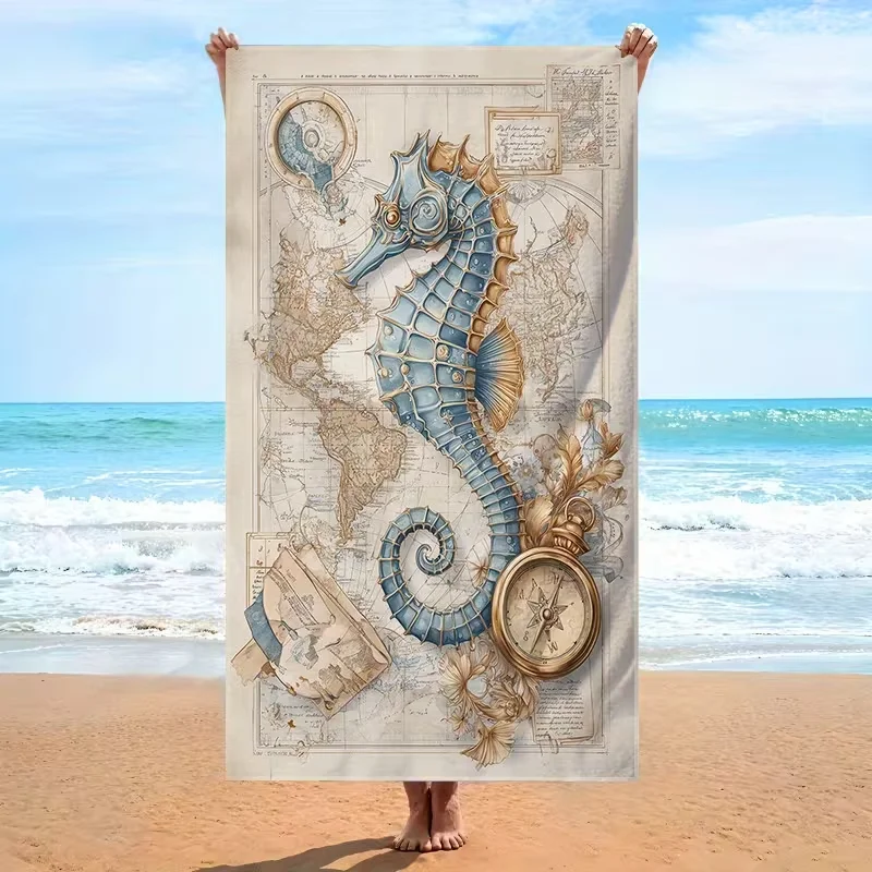 Vintage Nautical Seahorse Beach Towel Antique World Map Compass Print Quick Dry Beach Blanket Ocean Explorer Style Soft Towel