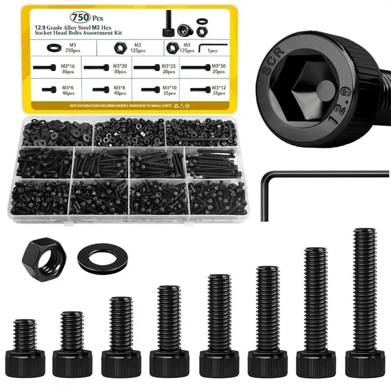 ABUN-M3x6/8/10/12/16/20/25/30 Mm M3 Screws Assortment Kit 750PCS Hex Socket Head Bolts For 3D Printer, DIY
