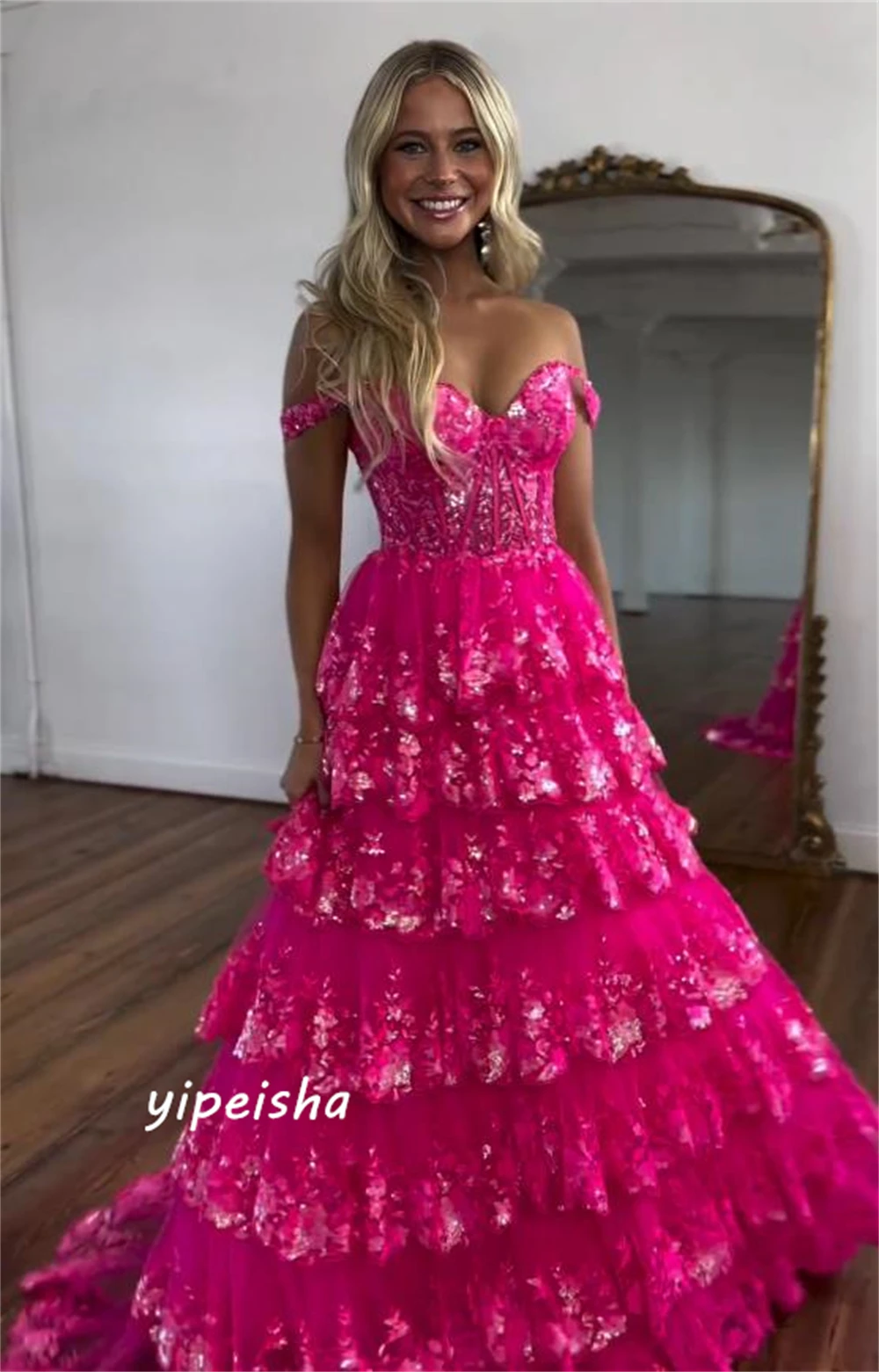 Customized  Sparkle Women Off-the-shoulder Ball Gown Formal Ocassion Paillette / Sequins Floor Length Organza Evening