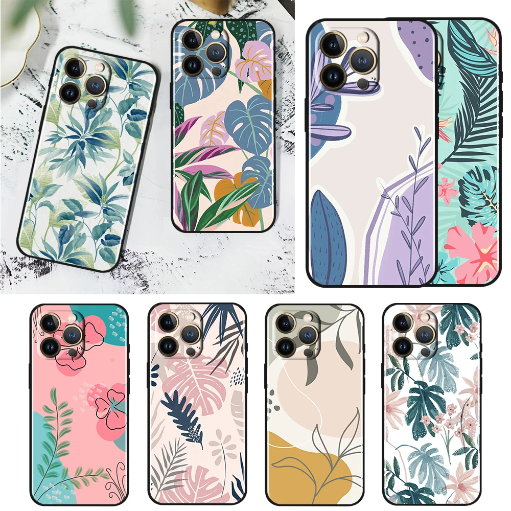 

Vintage Flower Leaves For Apple iPhone 14 13 12 11 Pro Max Mini Silicone Soft Black Phone Case Cover Capa Coque Shell Fundas