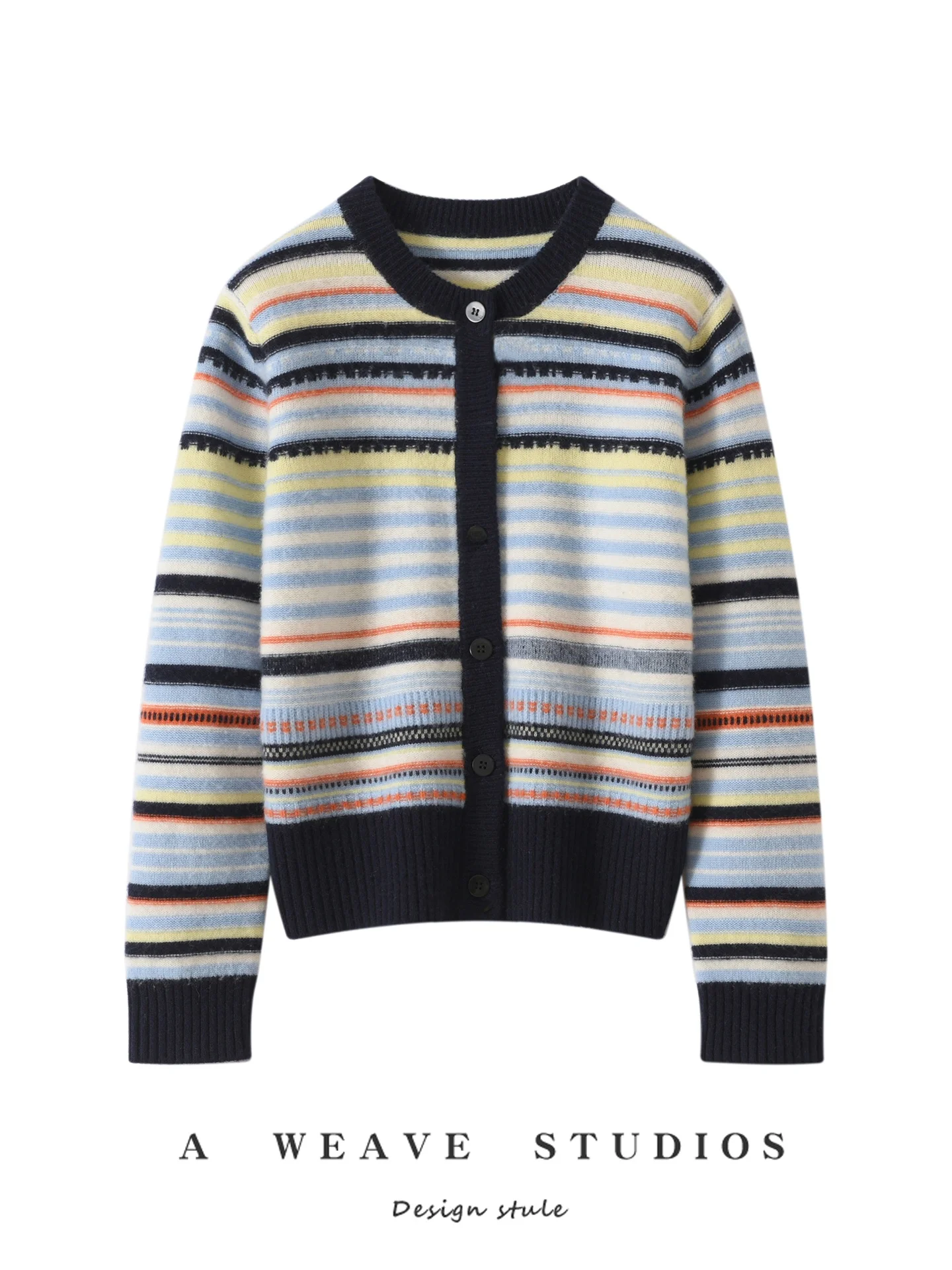 

Retro Color Blo Striped Camere Open Cardigan Women's Loose Fit round Ne Knitted Sweater Versatile Outerwear