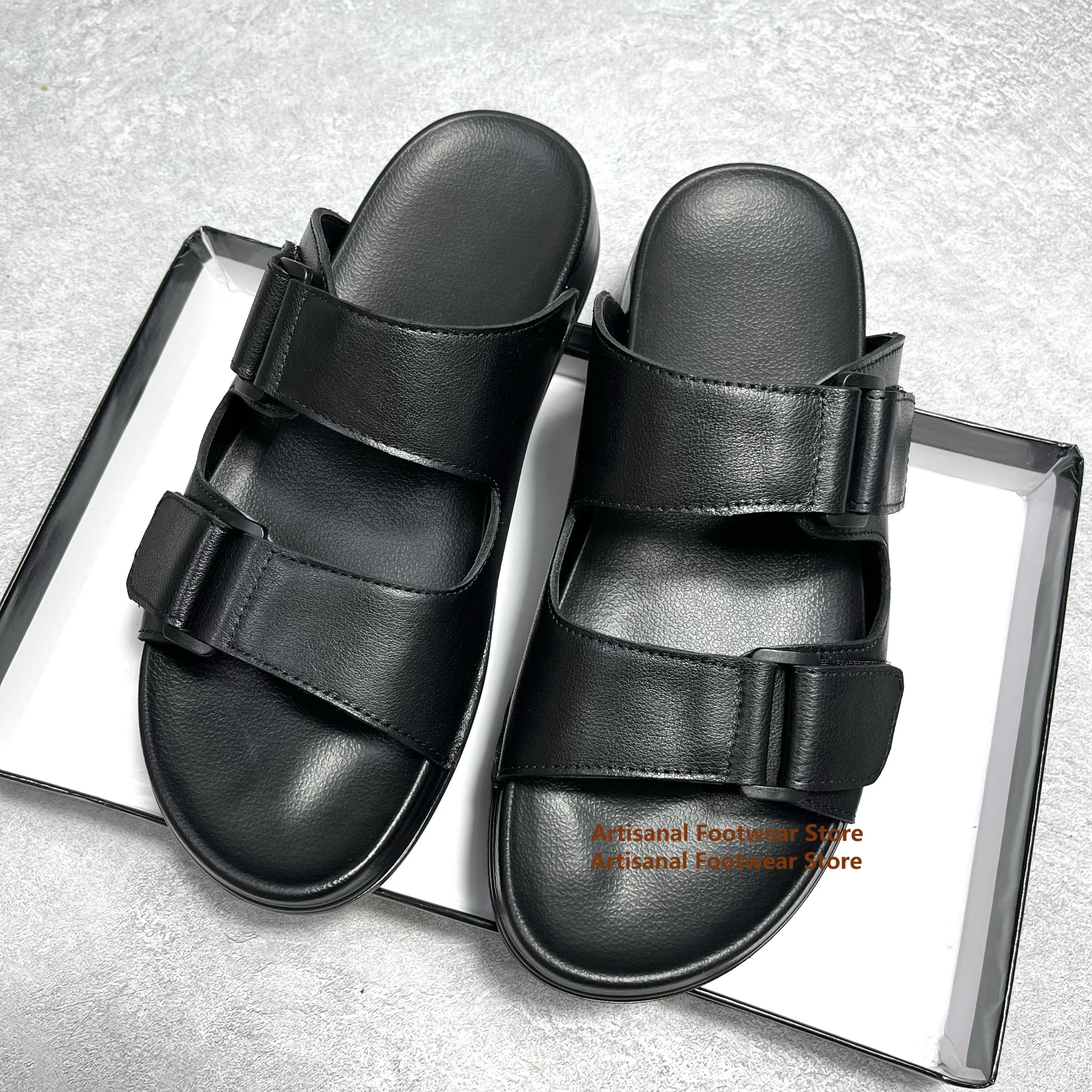 

Cowhide Buckle Strap Men's Slippers Slip On Casual Anti-Slip Leather Sandals Trendy Handmade Beach Casual Shoes Men Shoes