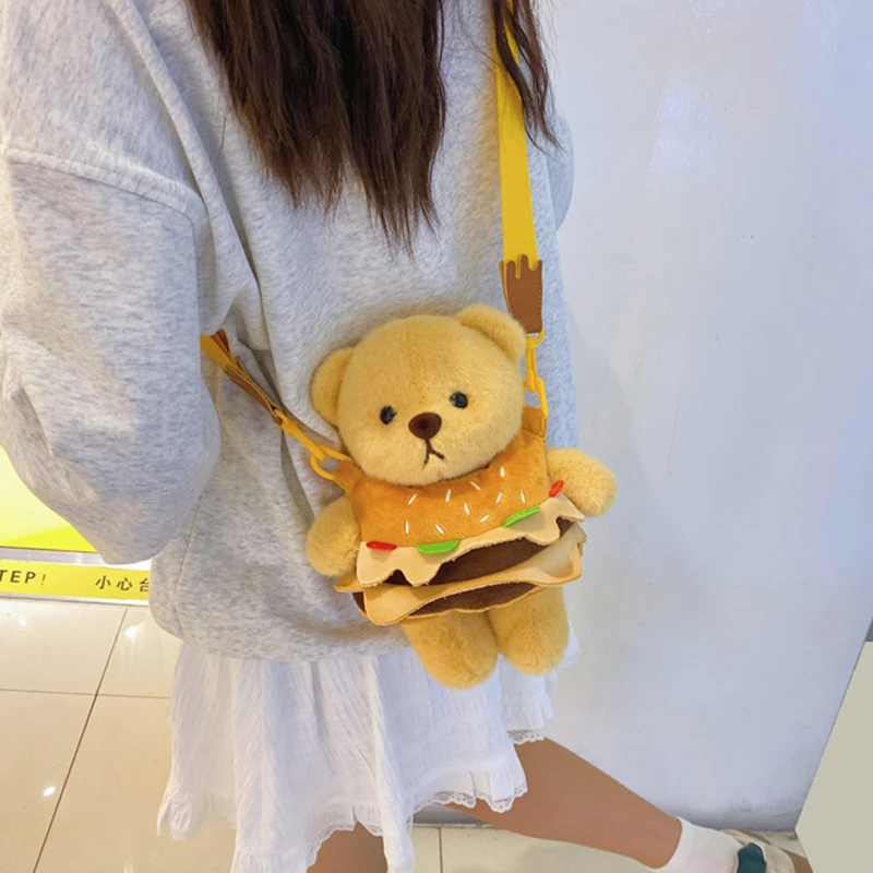 Cute Hamburger Puppy Shoulder Bag Plush Doll Crossbody Bag Casual Women Messenger Bag Decoration Bag Phone Coin Purse For Gifts