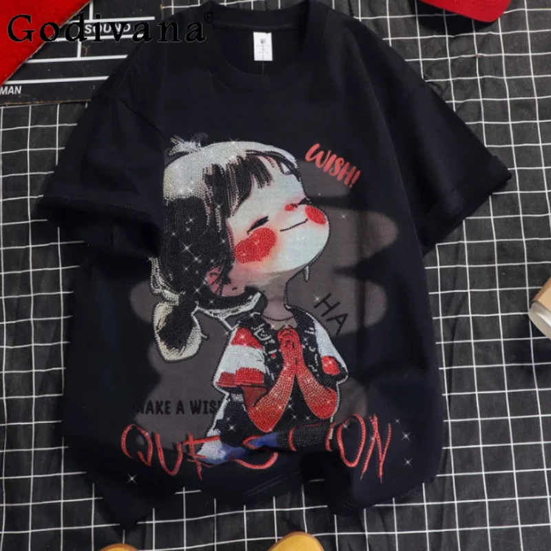 

Large Size New Summer European Heavy Industry Hot Diamond Cartoon Print Short Sleeve T-shirt Sweet Women Loose Round Neck Tops