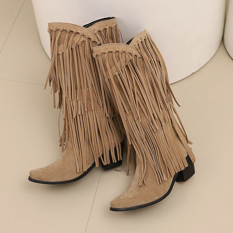 Faux Suede Nude Color Women Shoes Winter Western Cowboy Botas With Fringes Big Size 46 47 48 Knee-high Boho Chunky Heel Boots