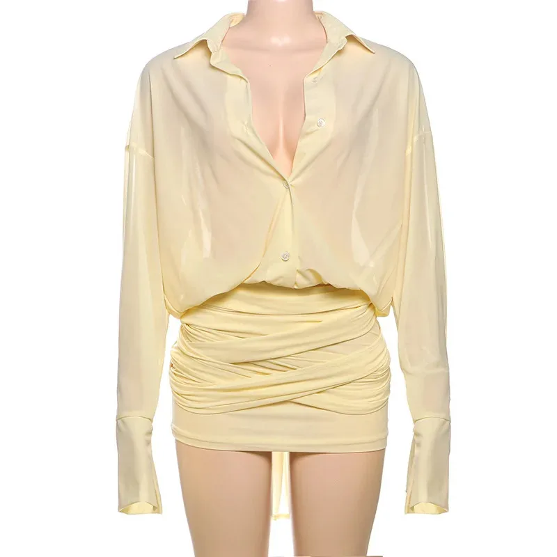 فستان JINIA Fashion شفاف من خلال قميص قصير بأكمام مضيئة مثير للحفلات والنوادي فساتين مكشكشة وطية صدر السترة ملابس خروج