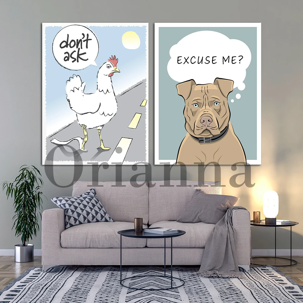 Why Did The Chicken Cross The Road Excuse Me Pit Bull Dog Humorous Prints Posters Modern Home Living Room Kitchen Decor Gift