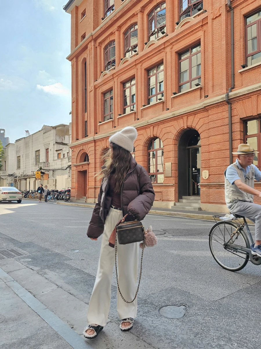 

White Du down Puffer Jaet Women's ort High Waist Bread Sle Coat Loose Fit Thiened Winter Coat Trendy Ladies