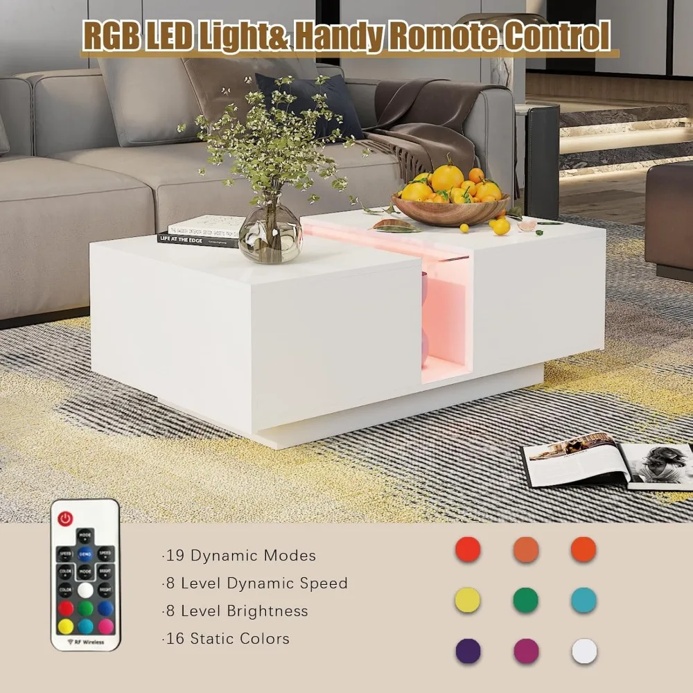 White Led Coffee Table for Living Room, Rectangular Living Room Table with Storage, Acrylic Coffee Tables with 2 Sliding Drawers