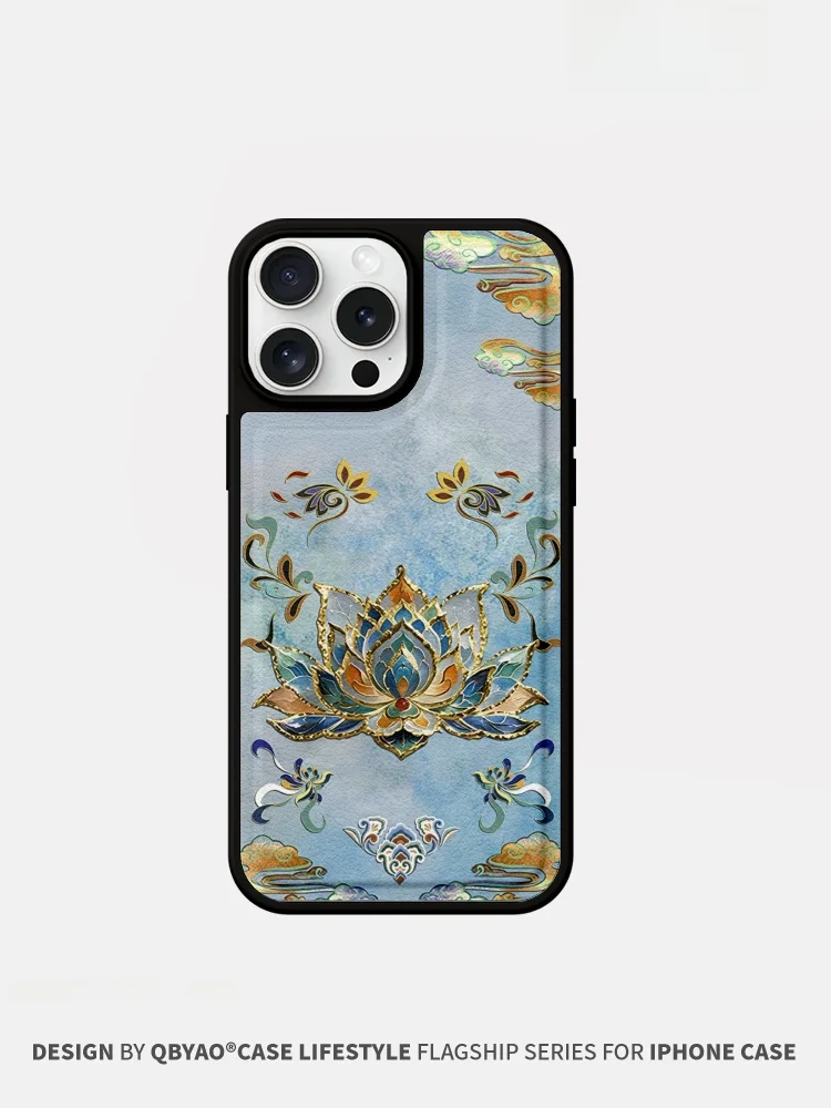 

Jiabeiyao Women's Phone Case Leather Texture Lotus Design for 16Promax New Creative Personalized with Lanyard Protection