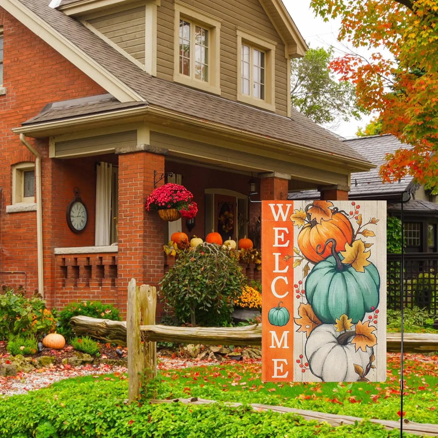 Garden Flag Fall Decor Welcome Sign, Outdoor Flags Home Decorations for Autumn Harvest, Orange White Blue Pumpkins (Three Pumpki